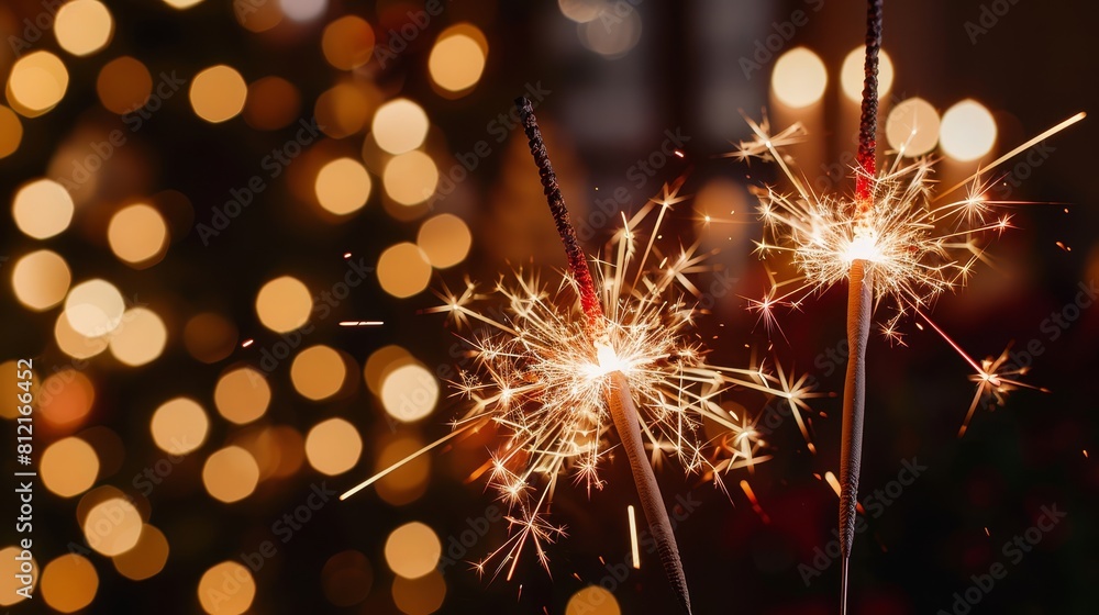 Fototapeta premium Closeup of two sparklers burning on a blurred lights background