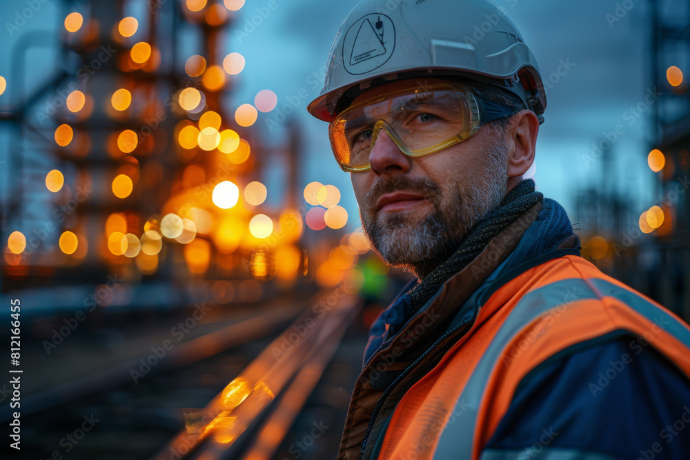 Close-up of a focused industrial engineer in protective gear at a petrochemical plant with illuminated structures at dusk. Close-up of a focused industrial engineer in protective gear at a petrochemical plant with illuminated structures at dusk.