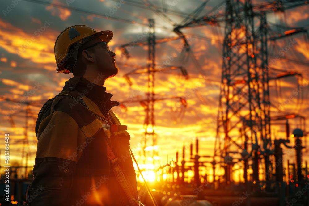 Energy worker in a yellow helmet admires the complex network of power lines and transformers at a fiery sunset. Energy worker in a yellow helmet admires the complex network of power lines and transformers at a fiery sunset.