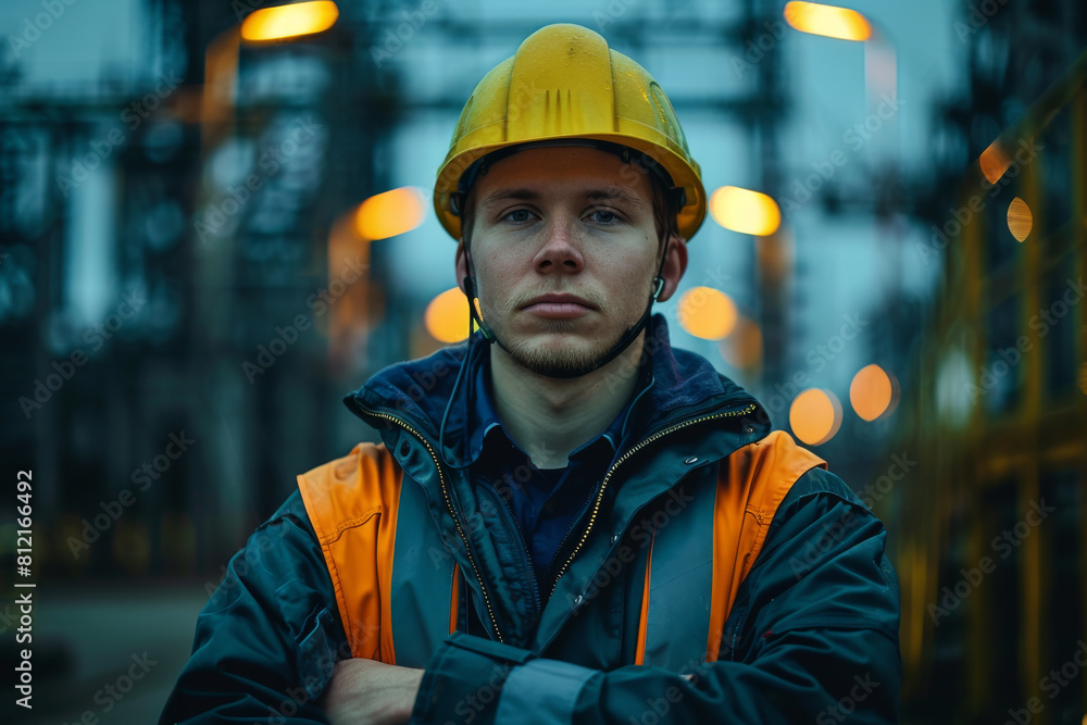 Portrait of a confident young electrician wearing a safety helmet and orange high-visibility jacket at a power conversion station. Portrait of a confident young electrician wearing a safety helmet and orange high-visibility jacket at a power conversion station.