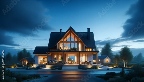 Building two-story Scandinavian house. Dusk, cozy expansive windows glowing indoors, prefab. Timber-frame hygge home, barnhouse. Interior garden, terrace. Manicured lawn, pathway. Bushes wooden facade