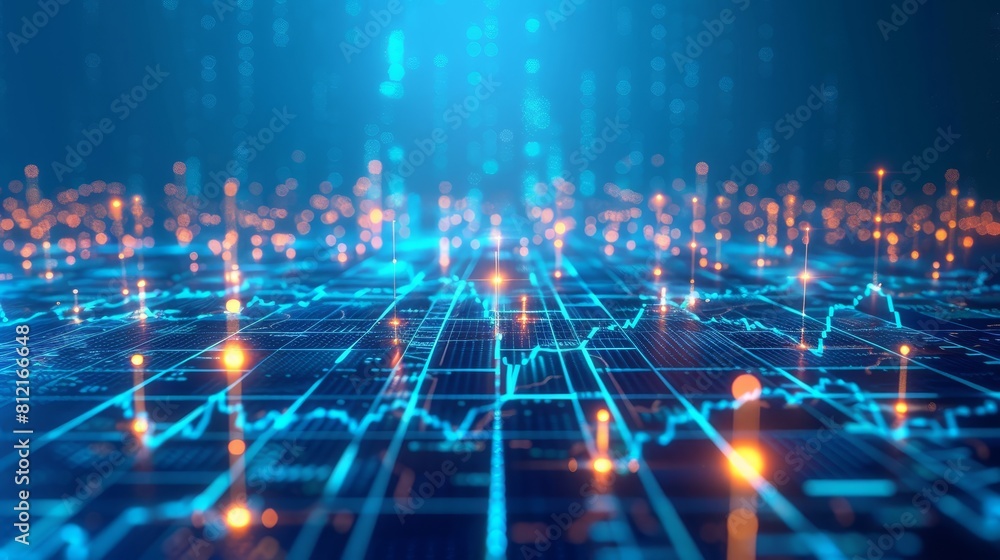 Obraz premium digital background of stock market charts and graphs on blue, with data points glowing in the foreground