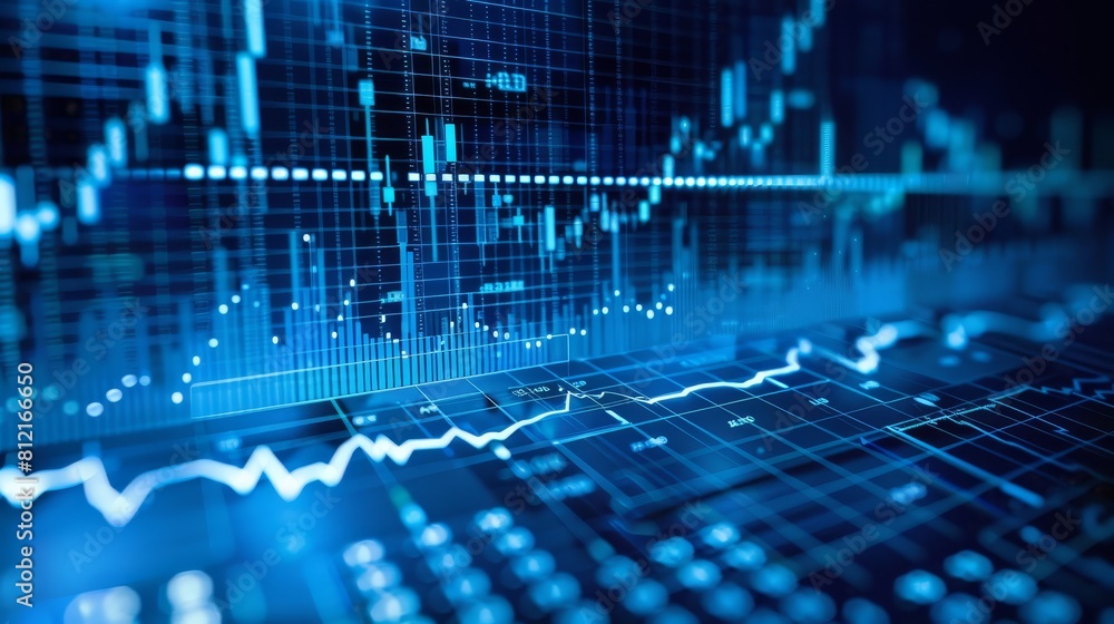 digital background of stock market charts and graphs on blue, with data points glowing in the foreground digital background of stock market charts and graphs on blue, with data points glowing in the foreground