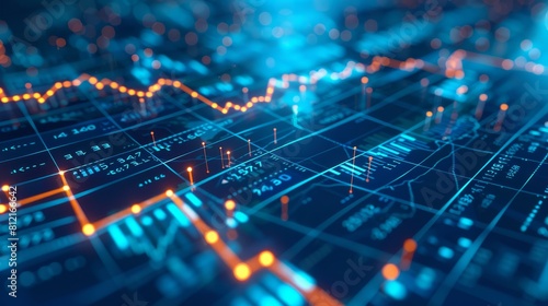 digital background of stock market charts and graphs on blue, with data points glowing in the foreground