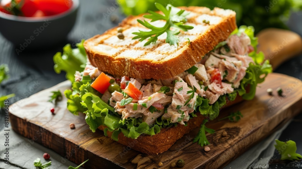 appetizing tuna salad sandwich with fresh ingredients on rustic wooden board isolated on white food photography