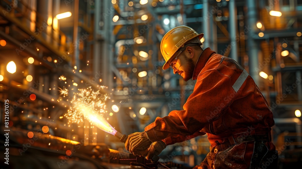 Industrial Worker Using Welding Torch for Maintenance at Oil Refinery Plant with Dramatic Lighting and Sparks Industrial Worker Using Welding Torch for Maintenance at Oil Refinery Plant with Dramatic Lighting and Sparks