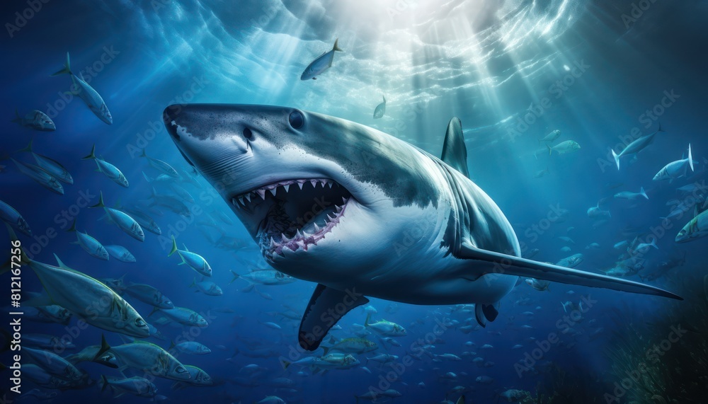 Fototapeta premium The great White Shark in the ocean, portrait of White shark hunting prey in the underwater