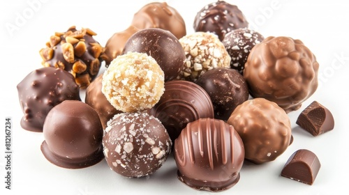 assorted chocolate balls and candy pralines on white food photo