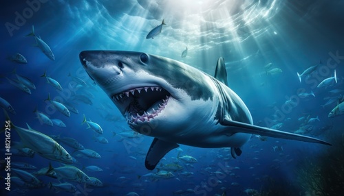 The great White Shark in the ocean  portrait of White shark hunting prey in the underwater