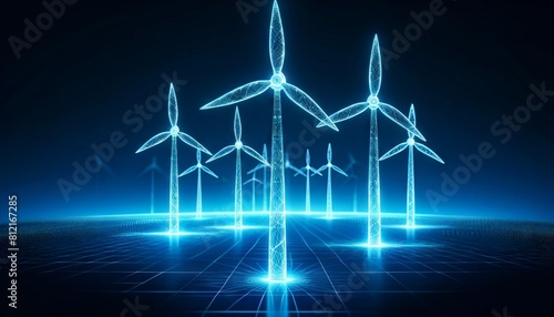 wind turbines futuristic, holographic style