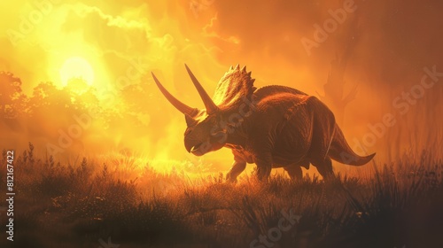 Fototapeta Naklejka Na Ścianę i Meble -  AI-generated majestic dinosaurs in a prehistoric landscape. Triceratops. The concept of time when dinosaurs ruled the Earth.
