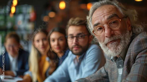 Business Brainstorm  Mixed-Age Group Discussing Strategy in Office Meeting