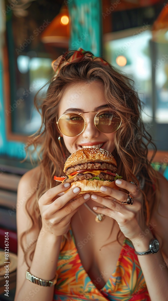 plus size woman with burger at summer plus size woman with burger at summer
