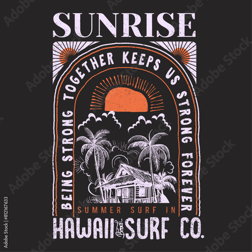 Sunrise summer surf in Hawaii, Summer retro graphic print design. Beach vibes with board print design. Hand sketch beach vector design, Print t shirt graphics design