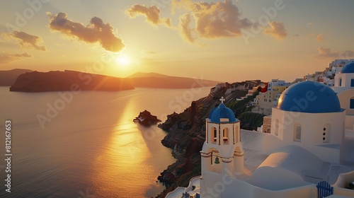 Discover the picturesque beauty of Santorini  Greece  with its whitewashed buildings  blue-domed churches  and breathtaking sunsets.