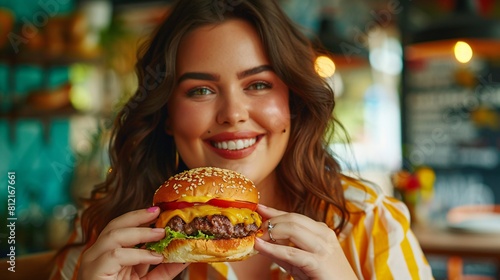 plus size woman  with burger at summer