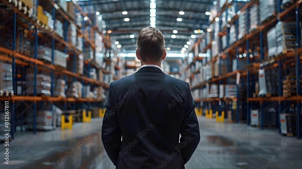 Formal Clad Manager Overseeing Warehouse with Strategic Precision Formal Clad Manager Overseeing Warehouse with Strategic Precision