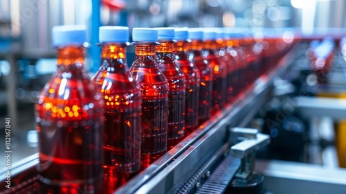 automated beverage production line in modern factory bottles on conveyor belt system photo