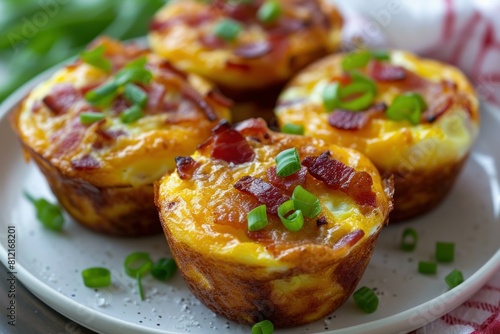 Golden Baked bacon egg muffins. Fresh cooked food at home holiday. Generate AI