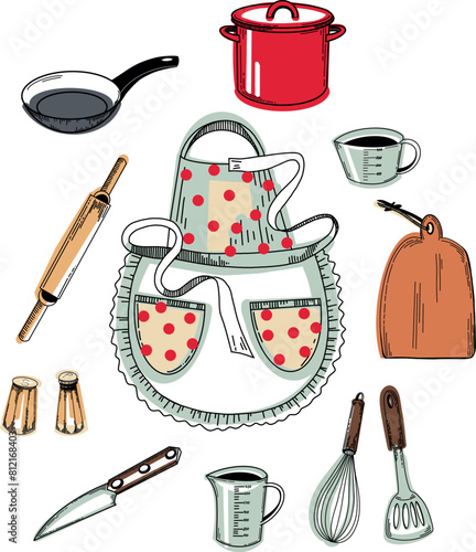 Set of illustrations of a red saucepan, a frying pan with a black handle, a polka dot apron, a measuring cup, a whisk, a knife, a cutting board, a salt shaker, a pepper mill, a rolling pin for dough.