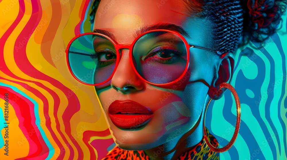 Vibrant and Stylish Pop Art Portrayal of a Fashionable Woman with Hyper Textures and Creative Elements Vibrant and Stylish Pop Art Portrayal of a Fashionable Woman with Hyper Textures and Creative Elements