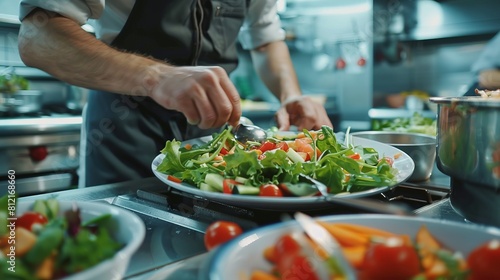 Focused on making delicious salad. Chef is on the kitchen preparing food.