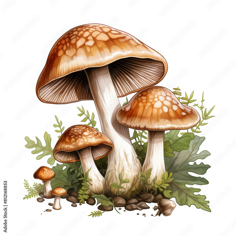 Four orange wild mushrooms with white spots.
