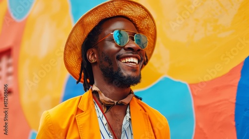 charismatic young man radiating positivity and happiness dressed in trendy vibrant attire portrait photography