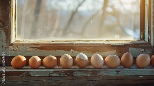 charming row of fresh eggs on rustic windowsill illuminated by morning light still life photography