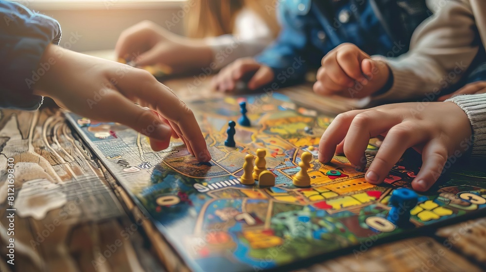 childrens hands playing board game family fun activity closeup shot childrens hands playing board game family fun activity closeup shot