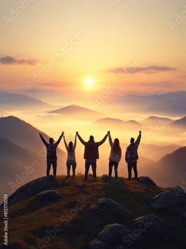 GENERATIVE AI, group of people with raised arms and make hand to the heart shape looking at sunrise on the mountain background