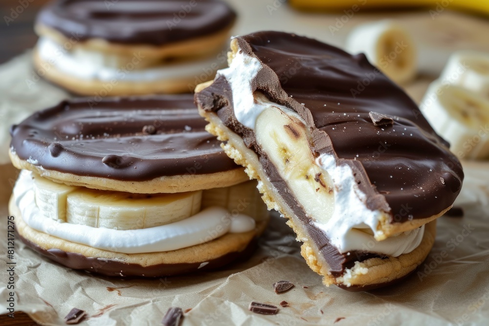 Decadent homemade chocolate-dipped banana sandwiches with creamy marshmallow filling, a sweet treat and tempting indulgence, close up on a wooden background Decadent homemade chocolate-dipped banana sandwiches with creamy marshmallow filling, a sweet treat and tempting indulgence, close up on a wooden background