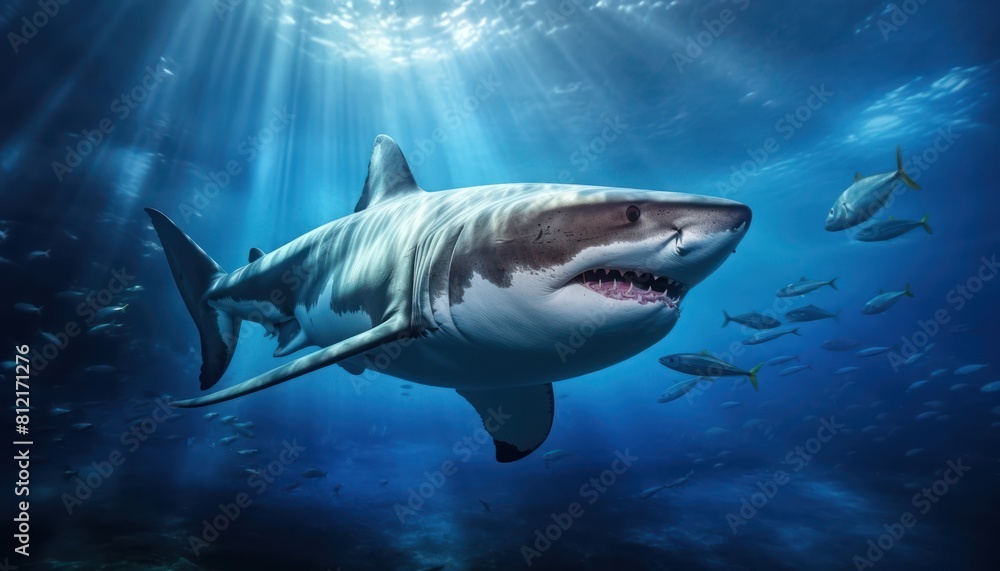 Obraz premium The great White Shark in the ocean, portrait of White shark hunting prey in the underwater