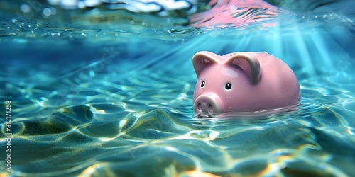Resilience and Whimsical Savings: Pink Piggy Bank Floats in Sea. Concept Financial Planning, Money Management, Savings Strategies, Personal Finance
