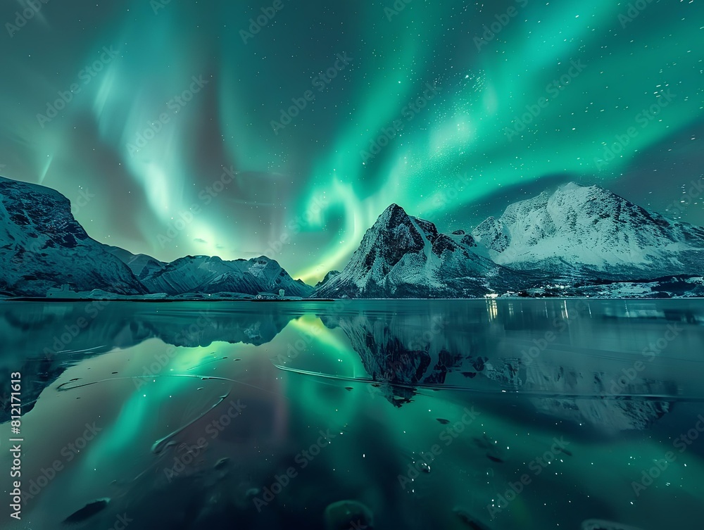 Naklejka premium Amazing landscape with aurora borealis (northern lights) over the mountains and frozen lake.