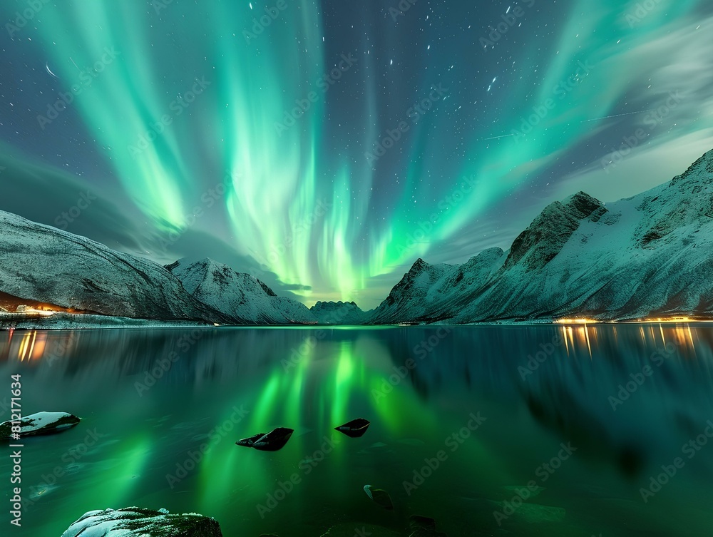 Amazing view of green aurora borealis also known as northern lights over the mountains and water