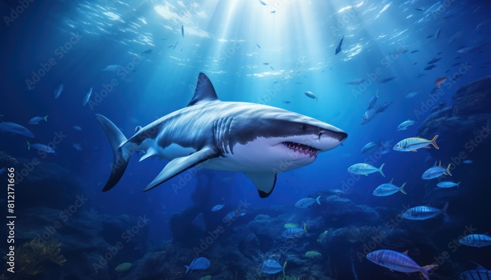 Fototapeta premium The great White Shark in the ocean, portrait of White shark hunting prey in the underwater