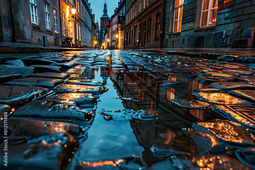 Obraz premium Reflection of the old city street with traditional european architecture in the puddle after rain