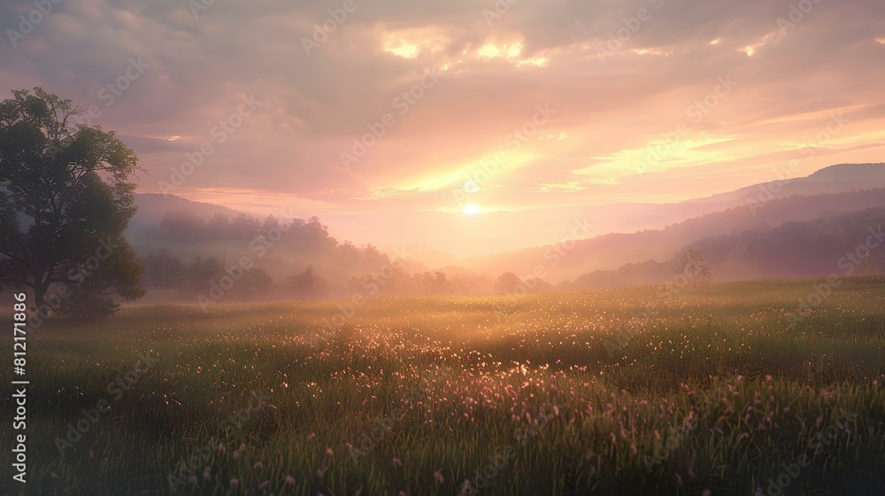 Fototapeta premium The image shows a beautiful landscape with a meadow, a tree, and a mountain in the distance