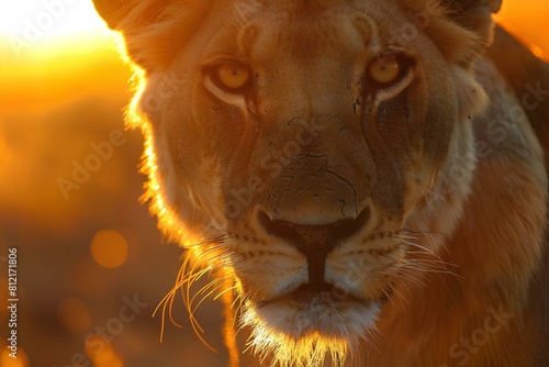 Portrait of a lion staring at you with a serious look.