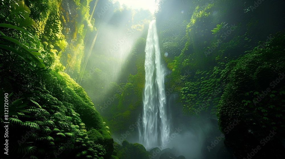 The photo shows a waterfall in the middle of a green and misty forest. The waterfall is surrounded by tall trees and green plants, and the sunlight is shining through the trees. The photo shows a waterfall in the middle of a green and misty forest. The waterfall is surrounded by tall trees and green plants, and the sunlight is shining through the trees.