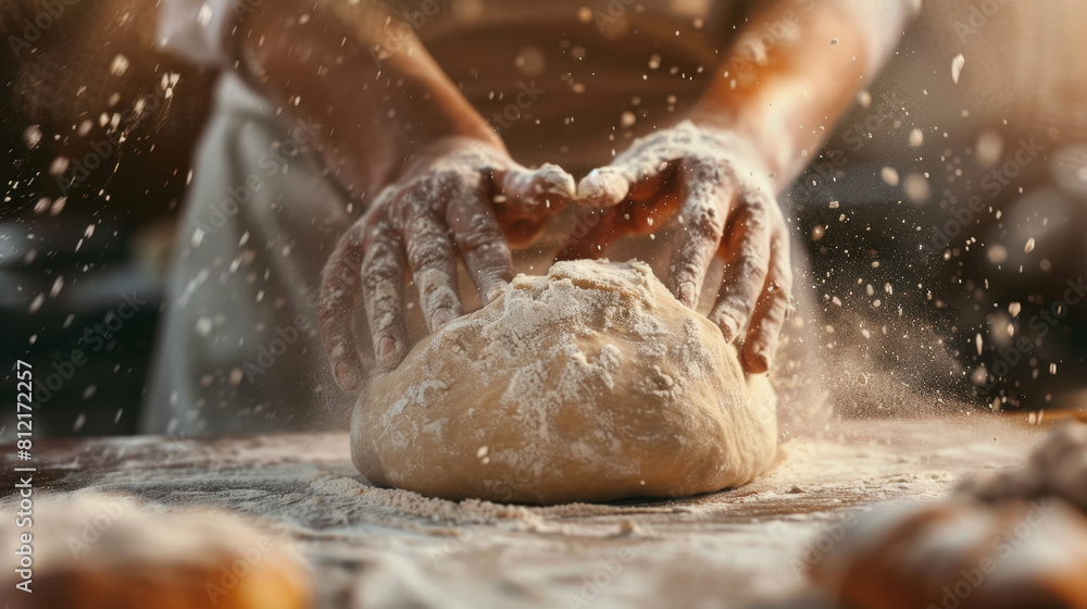 Baker's hands knead dough on the table in the bakery in a closeup, focused on the hand and dough with flour dust flying around it. Close up of a female chef making pizza or bread in a home kitchen. Baker's hands knead dough on the table in the bakery in a closeup, focused on the hand and dough with flour dust flying around it. Close up of a female chef making pizza or bread in a home kitchen.