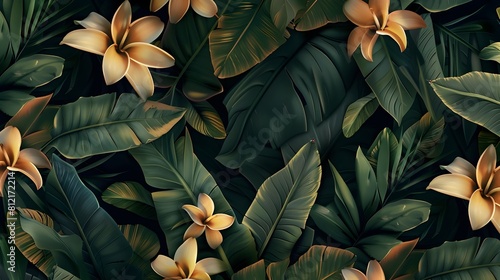 Elegant Night Charm Exotic Tropical Flowers and Leaves Seamless Pattern in a Vintage D