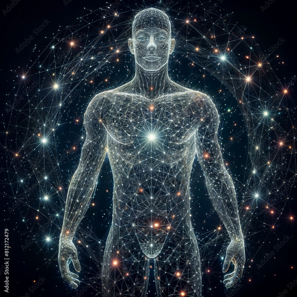 Human body low poly wireframe. Vector polygonal, starry sky, consisting of points, lines, and shapes in the form of stars with destruct shapes vector poster illustration created with generative ai.