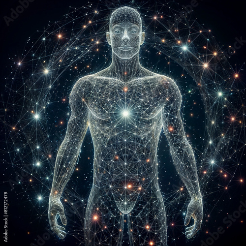 Human body low poly wireframe. Vector polygonal, starry sky, consisting of points, lines, and shapes in the form of stars with destruct shapes vector poster illustration created with generative ai. © cd
