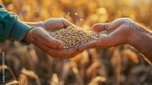A close-up of a farmer's hands exchanging a handful of wheat with another person, representing the global trade of grain and its impact on food security. Ai generated