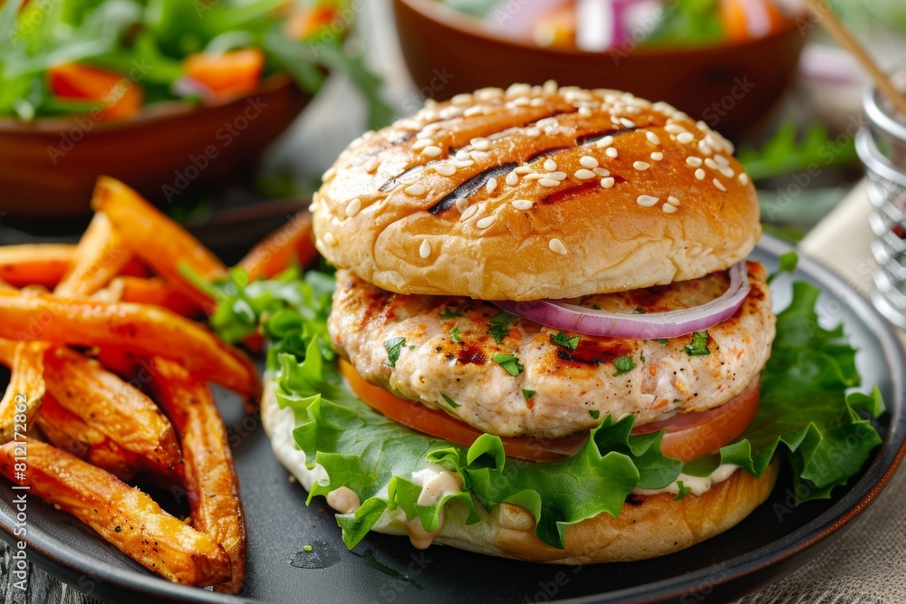 Turkey burger with lettuce, tomato, and onion served with sweet potato fries Turkey burger with lettuce, tomato, and onion served with sweet potato fries