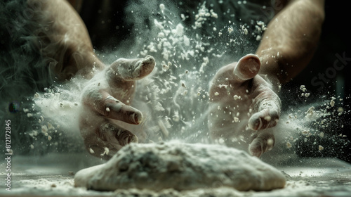 A closeup of hands in the process of shaping dough for making pizza  with flour dusting around them and focus on details like the textures and shapes being formed