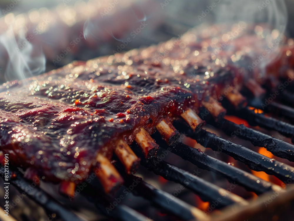 High-resolution capture of succulent BBQ ribs slowly smoking on the grill, natural lighting, vibrant colors. Ai generated High-resolution capture of succulent BBQ ribs slowly smoking on the grill, natural lighting, vibrant colors. Ai generated