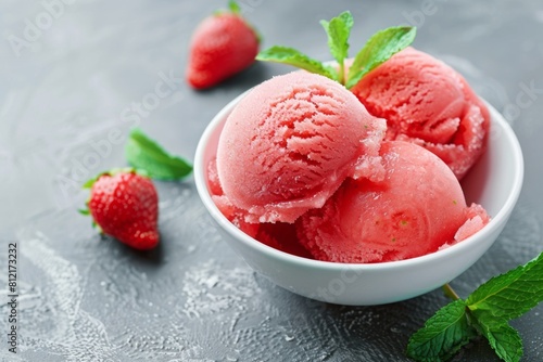 Strawberry sorbet dessert in white bowl with fresh mint